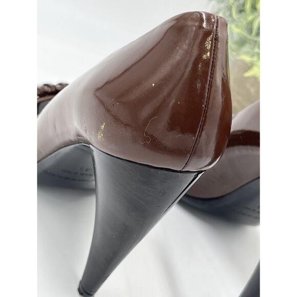 Burberry Brown Patent Leather Ruffle Detail Embellishment Cone Heels Sz 8-8.5/39 - Picture 12 of 15